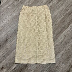 Vintage R&M Richards Ivory Metallic Lace Midi Pencil Skirt Back Slit 16 Petite